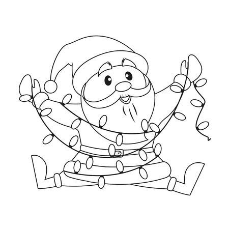 Santa Claus with Christmas lights. Black and white vector illustration for coloring bookのイラスト素材