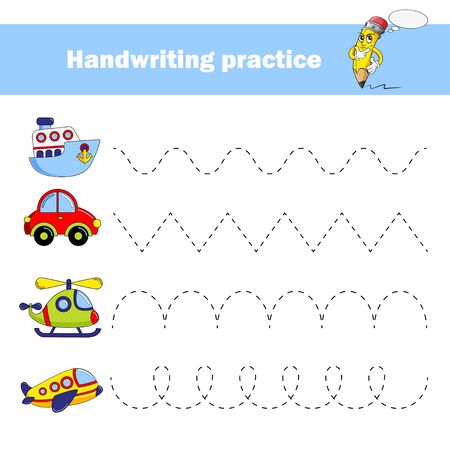 Worksheet for practicing fine kids motor skills. Handwriting practice. Educational game for kids. Transport Car, helicopter, plane, shipのイラスト素材