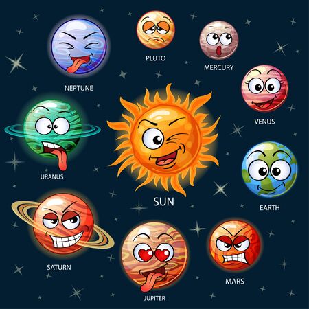 Cute emoji planets of the solar system. Sun, Mercury, Venus, Earth, Mars, Jupiter, Saturn, Uranus, Neptune, Plutoのイラスト素材
