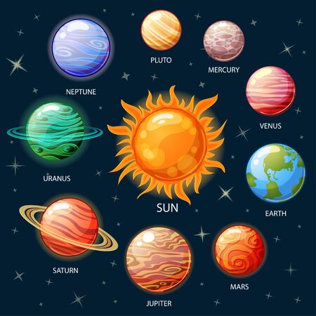 Planets of the solar system. Sun, Mercury, Venus, Earth, Mars, Jupiter, Saturn, Uranus, Neptune, Plutoのイラスト素材