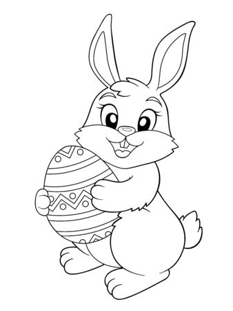Easter Bunny holding Easter egg. Black and white vector illustration for coloring bookのイラスト素材