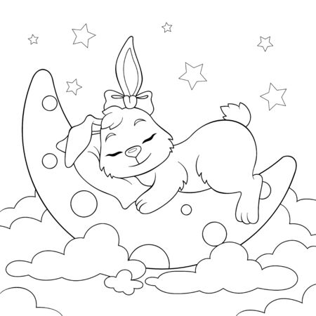 Cute cartoon bunny sleeping on the moon in clouds. Black and white illustration for coloring bookのイラスト素材