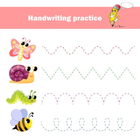 Worksheet for practicing fine kids motor skills. Handwriting practice. Educational game for kids. Insects Butterfly, bee, snail, caterpillarのイラスト素材