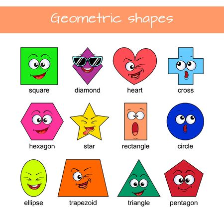 Learn geometric shapes. Geometric shapes with cartoon face. Educational material for preschool kids. Square, heart, triangle, hexagon, circle, star, trapezoid, diamond, cross, rectangle, ellipse, pentagonのイラスト素材