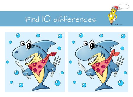 Find ten differences. Educational game for kids. Cute cartoon shark with fork and knifeのイラスト素材