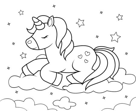 Cute cartoon unicorn sleeping on clouds. Black and white illustration for coloring bookのイラスト素材