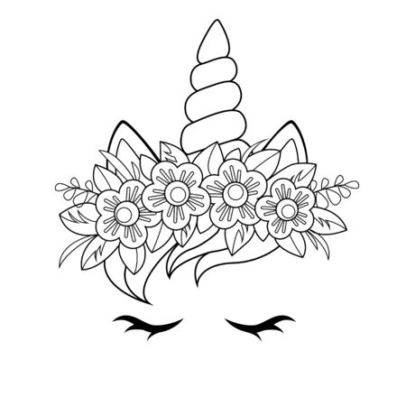 Cute unicorn face with flowers wreath. Black and white vector illustration for coloring bookのイラスト素材