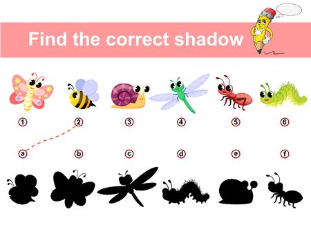 Find correct shadow. Kids educational game. Insects Butterfly, ant, bee, snail, caterpillar, dragonflyのイラスト素材