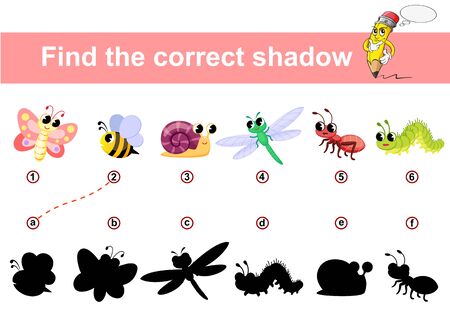 Find correct shadow. Kids educational game. Insects Butterfly, ant, bee, snail, caterpillar, dragonfly