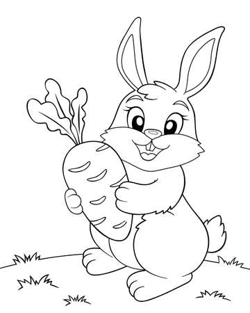 Cute cartoon bunny holding a carrot. Black and white vector illustration for coloring bookのイラスト素材