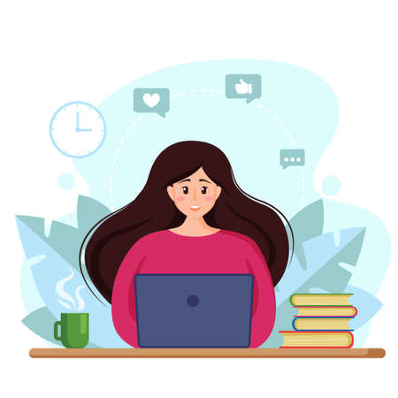 Beautiful young business woman working with laptop in social networks. Time to work. Vector illustration in flat styleのイラスト素材