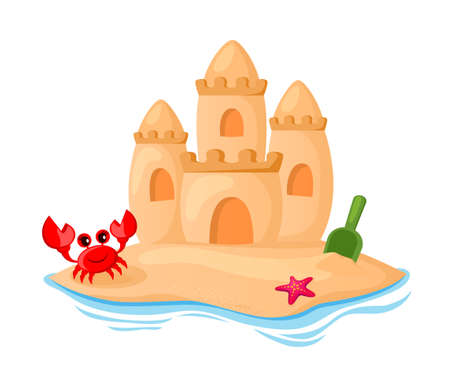 Sand castle, shovel, starfish and crab on the seaside. Children's summer vacation. Vector illustration isolated on white backgroundのイラスト素材