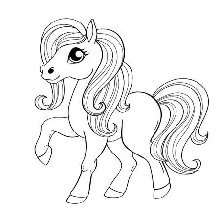 Cute little pony. Black and white vector illustration for coloring bookのイラスト素材