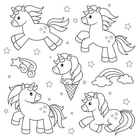 Set of cute cartoon unicorns. Black and white vector illustration for coloring bookのイラスト素材