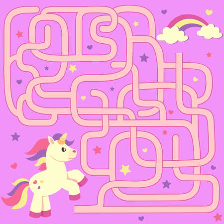 Help unicorn find path to rainbow. Labyrinth. Maze game for kidsのイラスト素材