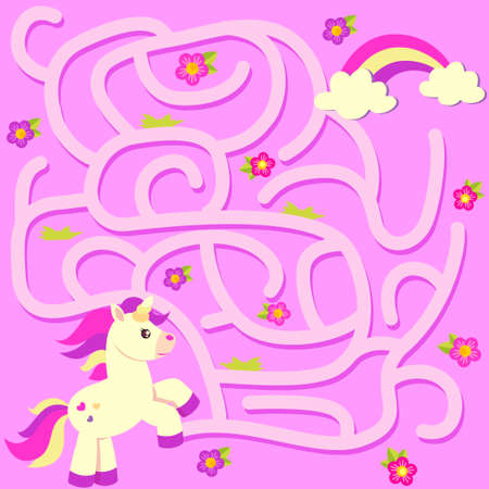 Help unicorn find path to rainbow. Labyrinth. Maze game for kidsのイラスト素材