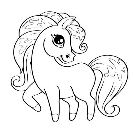 Cute little pony. Vector black and white illustration for coloring bookのイラスト素材