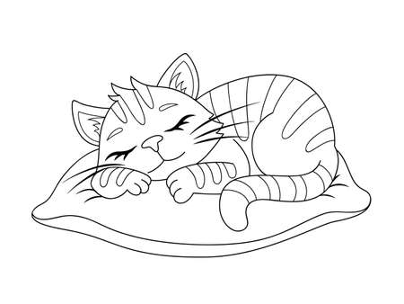 Cute cartoon sleeping cat on the pillow. Black and white vector illustration for coloring bookのイラスト素材