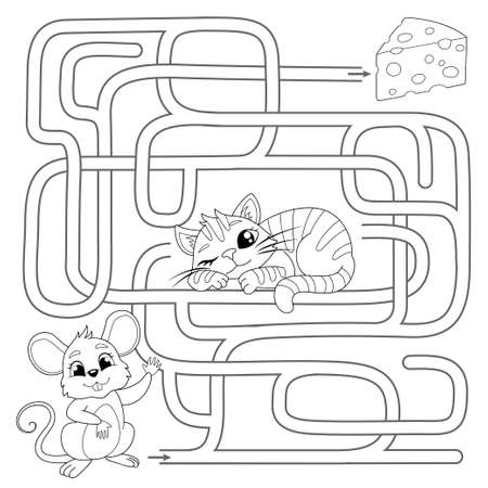 Help mouse find path to chees. Labyrinth. Maze game for kids. Vector black and white illustration for coloring bookのイラスト素材
