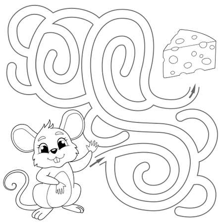Help mouse find path to chees. Labyrinth. Maze game for kids. Vector black and white illustration for coloring bookのイラスト素材