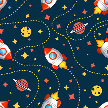 Seamless cosmic pattern with rocket, saturn, moon and star. Space pattern on dark backgroundのイラスト素材