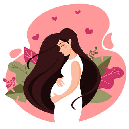 Pregnant woman in a white dress on a background of leaves. Cartoon healthy mother with long hair holds her hands on her stomach with baby. Young woman expecting a baby. Medicine, health or family concのイラスト素材