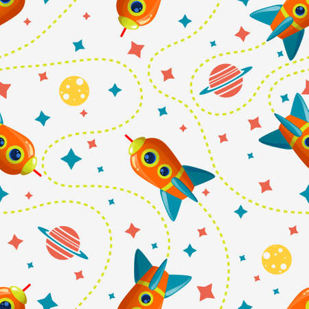 Seamless cosmic pattern with rocket, saturn, moon and star. Space pattern on white backgroundのイラスト素材