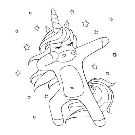 Cute dabbing unicorn. Black and white vector illustration for coloring bookのイラスト素材