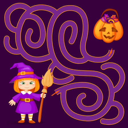 Help little witch find path to pumpkin with candy. Halloween theme. Labyrinth. Maze game for kidsのイラスト素材