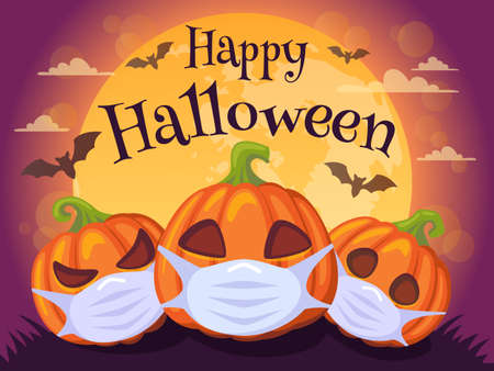 Happy Halloween 2020. Banner with pumpkins in medical mask, bat and moon. Stop Coronavirus. Covid-19. Stop the global pandemicのイラスト素材