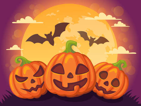 Halloween background with pumpkin, moon and batのイラスト素材