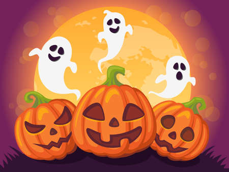 Halloween background with pumpkin, moon and ghostsのイラスト素材