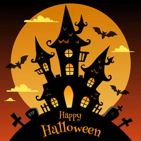Happy Halloween. background with black castle, moon and batのイラスト素材