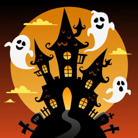 Halloween background with black castle, moon and ghostsのイラスト素材