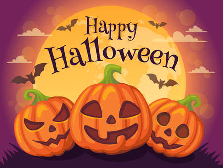 Happy Halloween. Banner with pumpkin, moon and batのイラスト素材