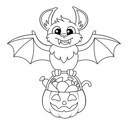 Happy Halloween. Cute cartoon bat holding pumpkin with candies. Black and white vector illustration for coloring bookのイラスト素材