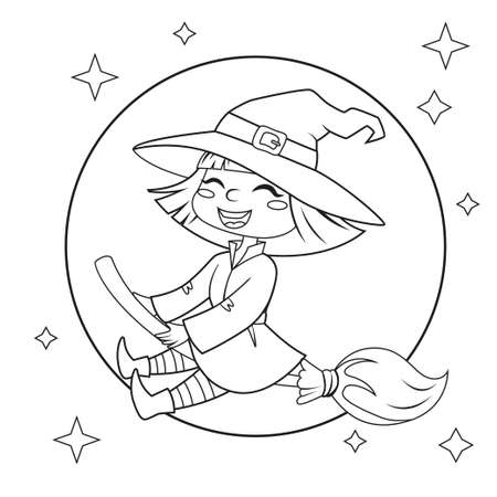 Halloween witch flying on broom on moon background. Black and white vector illustration for coloring bookのイラスト素材
