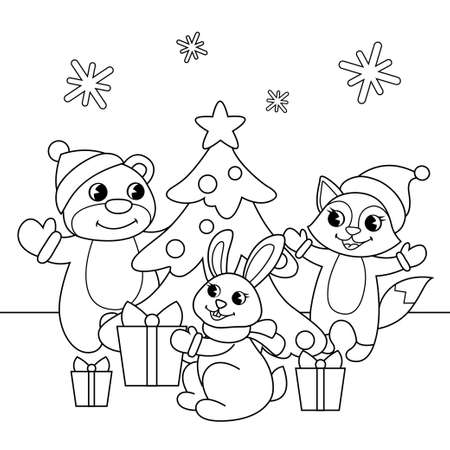 Cute cartoon bear, fox and bunny around Christmas tree. New Year illustration. Black and white vector illustration for coloring bookのイラスト素材