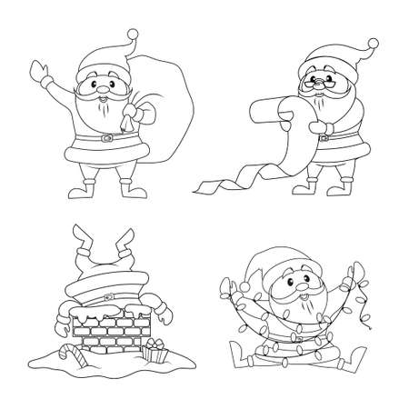 Set of Santa Claus. Merry Christmas and Happy New Year. Black and white illustration for coloring bookのイラスト素材