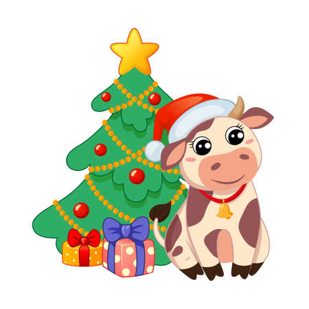 Cute cartoon cow in Santa Claus hat sitting near new year tree and Christmas giftsのイラスト素材