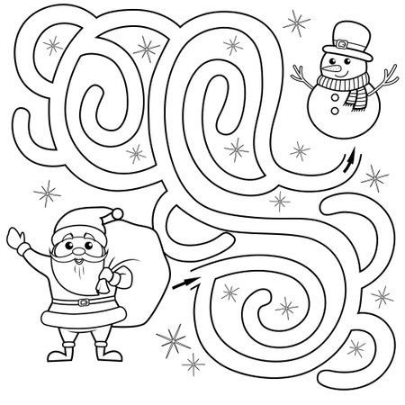Help Santa Claus find path to snowman. Labyrinth. Maze game for kids. Black and white vector illustration for coloring bookのイラスト素材