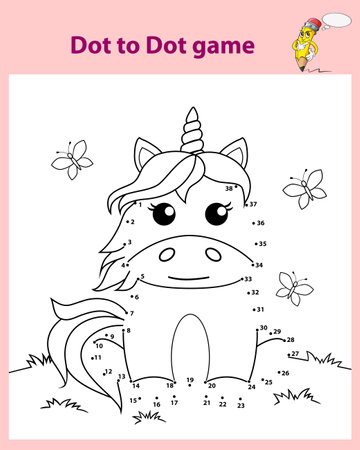 Cute cartoon sitting unicorn. Dot to dot game. Black and white vector illustration for coloring bookのイラスト素材