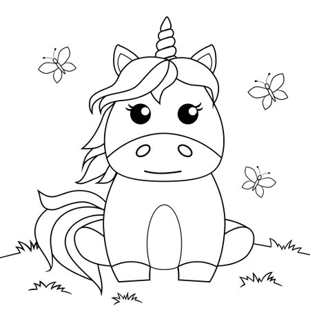 Cute cartoon sitting unicorn. Black and white vector illustration for coloring bookのイラスト素材