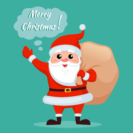 Santa claus with Christmas gifts bag and saying Merry Christmas and Happy New Yearのイラスト素材