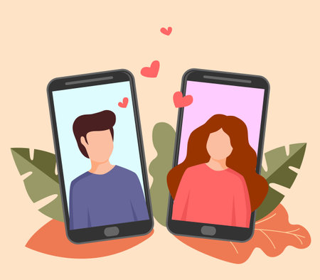 Dating in mobile application. Dating online. Smartphone with chatting boy and girl on screen. Young couple in smartphone. Social network love conceptのイラスト素材