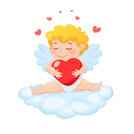 Cute dreaming Cupid with heart is sitting on cloud. Vector illustration for Valentine's dayのイラスト素材