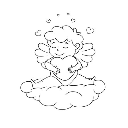 Cute dreaming Cupid with heart is sitting on cloud. Vector illustration for Valentine's day. Black and white illustration for coloring bookのイラスト素材