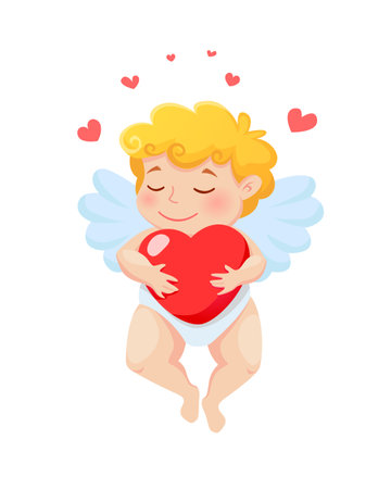 Cute dreaming Cupid with heart is flaing. Vector illustration for Valentine's dayのイラスト素材