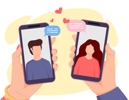 Dating in mobile application. Dating online. Hands holding smartphones with man and woman on screen. Young couple. Love concept in social networkのイラスト素材
