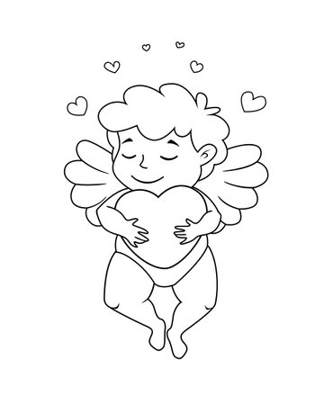 Cute dreaming Cupid with heart is flaing. Vector illustration for Valentine's day. Black and white illustration for coloring bookのイラスト素材